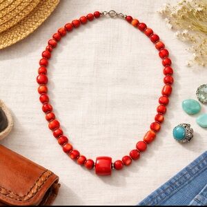 Vintage Necklace Bamboo Red Coral Beaded Main Center Stone Toggle 19.5"